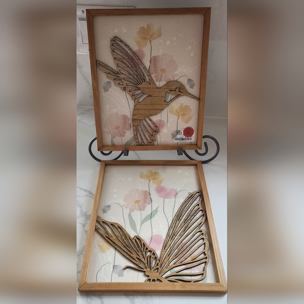 3D Wood Cut‎ Out Butterfly Hummingbird Wall Art Picture Set Of Two 10x20 New